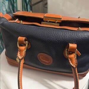 Dooney & Bourke Navy Leather Satchel with Tan Trim